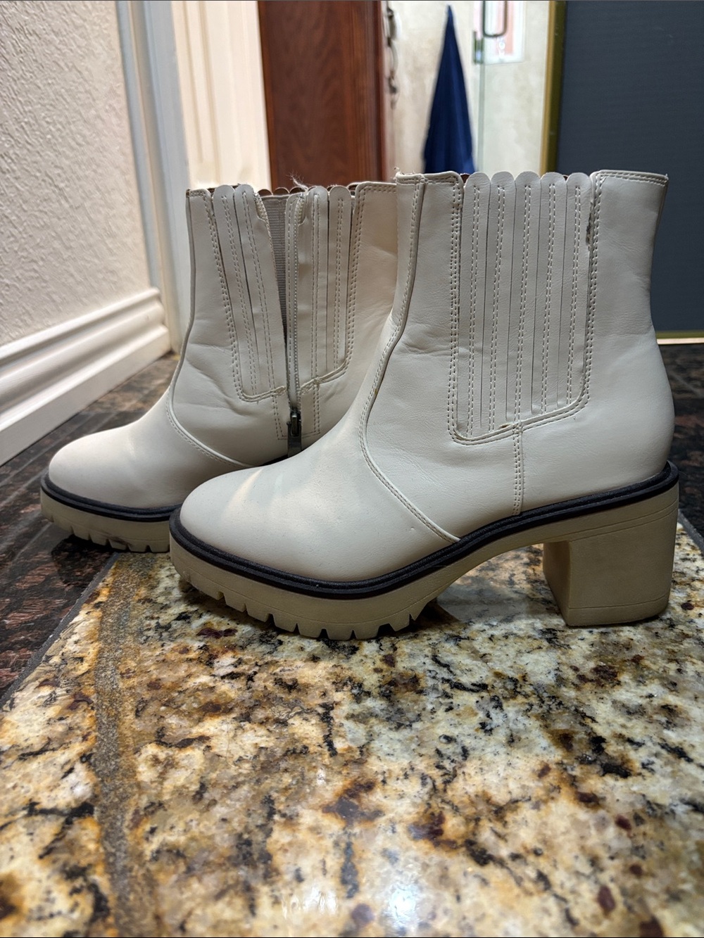 Cream Chunky Lug Heel Ankle Boots